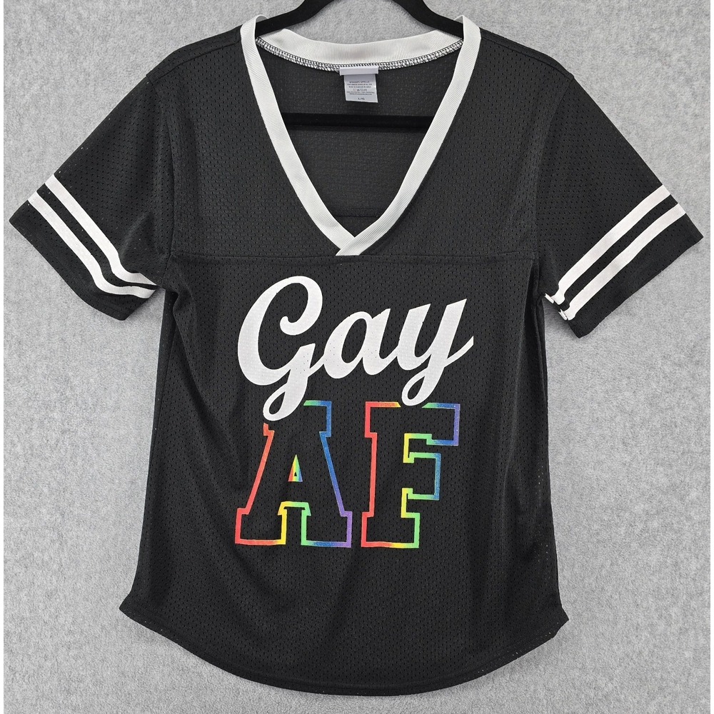 Spencer's Gay AF Women's L Jersey Black Deep V Lightweight Rainbow Pride LGBTQIA